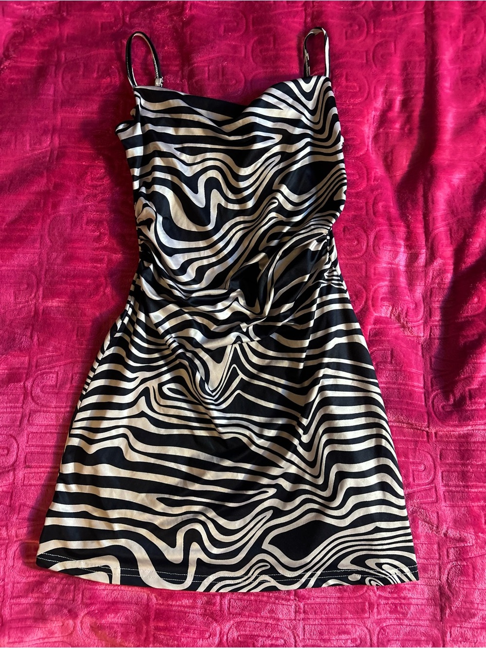 Cowl-Neck Cream and Black Swirled Mini Dress with Ruched Sides